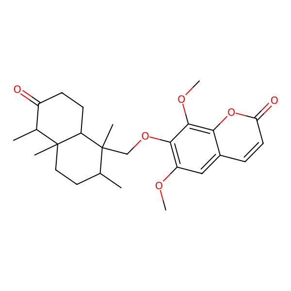 2D Structure of 7-[[(1S,2S,4aR,5S,8aS)-1,2,4a,5-tetramethyl-6-oxo-3,4,5,7,8,8a-hexahydro-2H-naphthalen-1-yl]methoxy]-6,8-dimethoxychromen-2-one