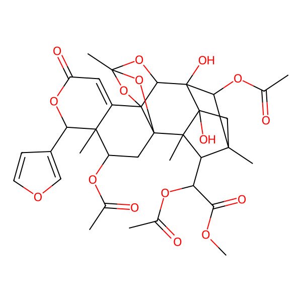 2D Structure of methyl (2S)-2-acetyloxy-2-[(1R,3R,4R,5R,10S,12R,14S,15R,16S,18S,19R,20S,22R)-3,22-diacetyloxy-5-(furan-3-yl)-15,16-dihydroxy-4,12,18,20-tetramethyl-7-oxo-6,11,13,21-tetraoxaheptacyclo[10.8.1.115,18.01,10.04,9.010,14.016,20]docos-8-en-19-yl]acetate