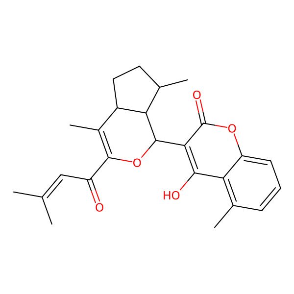 2D Structure of 3-[(1R,4aS,7S,7aR)-4,7-dimethyl-3-(3-methylbut-2-enoyl)-1,4a,5,6,7,7a-hexahydrocyclopenta[c]pyran-1-yl]-4-hydroxy-5-methylchromen-2-one
