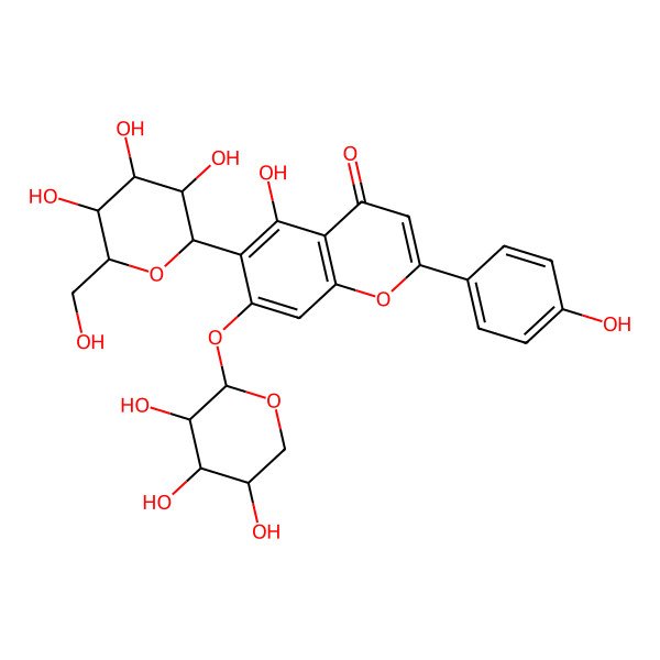 2D Structure of 5-hydroxy-2-(4-hydroxyphenyl)-6-[(2S,3S,4R,5S,6R)-3,4,5-trihydroxy-6-(hydroxymethyl)oxan-2-yl]-7-[(2S,3S,4S,5S)-3,4,5-trihydroxyoxan-2-yl]oxychromen-4-one