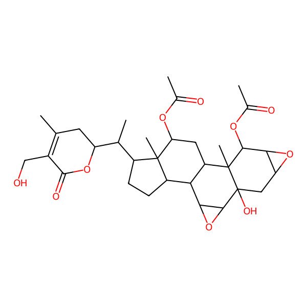 2D Structure of [(1S,2S,4S,5R,7S,9S,10R,11S,12S,14S,15R,16R,19S)-10-acetyloxy-5-hydroxy-16-[(1S)-1-[(2R)-5-(hydroxymethyl)-4-methyl-6-oxo-2,3-dihydropyran-2-yl]ethyl]-11,15-dimethyl-3,8-dioxahexacyclo[10.7.0.02,4.05,11.07,9.015,19]nonadecan-14-yl] acetate