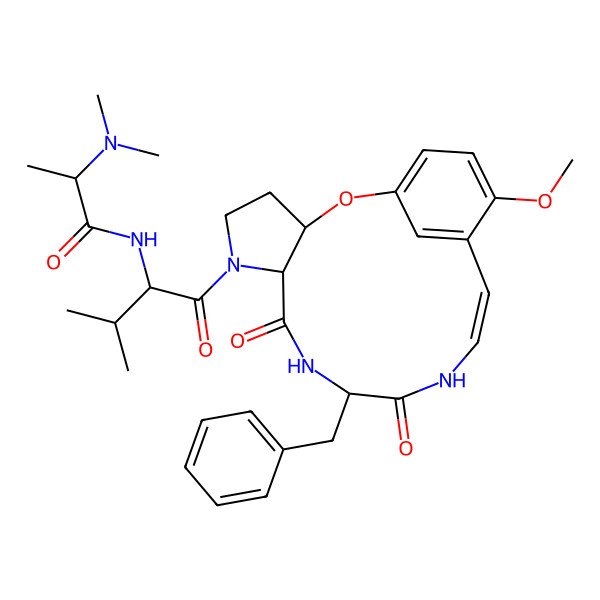 2D Structure of Propanamide, 2-(dimethylamino)-N-[2-methyl-1-[[3,3a,12,13,14,15,16,16a-octahydro-8-methoxy-13,16-dioxo-14-(phenylmethyl)-5,9-metheno-9H-pyrrolo[3,2-b][1,5,8]oxadiazacyclopentadecin-1(2H)-yl]carbonyl]propyl]-