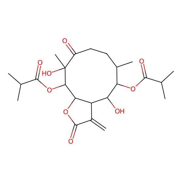 2D Structure of [4,10-Dihydroxy-6,10-dimethyl-3-methylidene-11-(2-methylpropanoyloxy)-2,9-dioxo-3a,4,5,6,7,8,11,11a-octahydrocyclodeca[b]furan-5-yl] 2-methylpropanoate