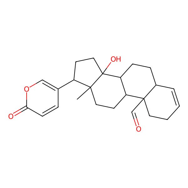 2D Structure of 14-Hydroxy-13-methyl-17-(6-oxopyran-3-yl)-1,2,5,6,7,8,9,11,12,15,16,17-dodecahydrocyclopenta[a]phenanthrene-10-carbaldehyde