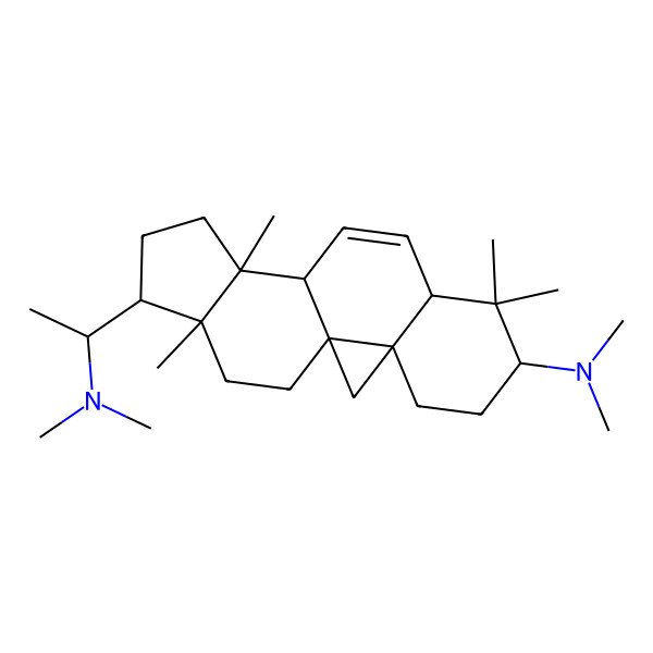 2D Structure of (1S,3R,6S,8R,11S,12S,15S,16R)-15-[(1S)-1-(dimethylamino)ethyl]-N,N,7,7,12,16-hexamethylpentacyclo[9.7.0.01,3.03,8.012,16]octadec-9-en-6-amine