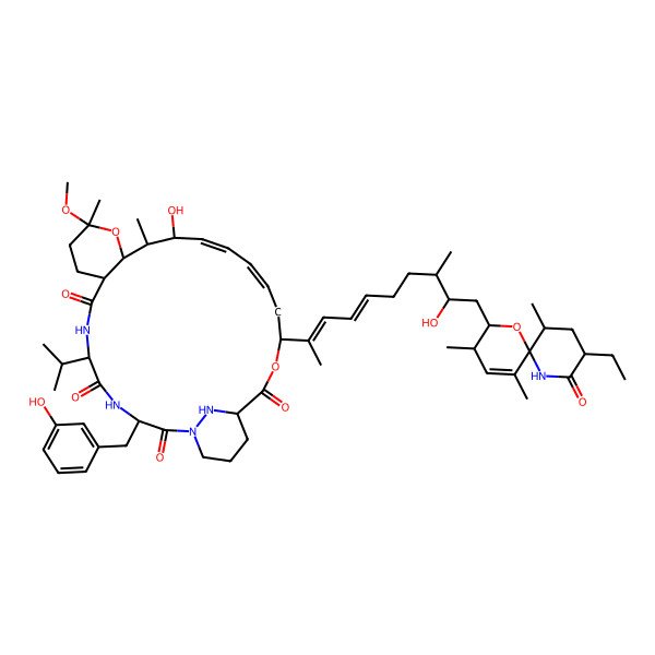 2D Structure of (3S,6S,9R,12S,14R,15R,16S,17E,19E,22S)-22-[(2E,4E,8S,9S)-10-[(2S,3R,6R,9S,11S)-9-ethyl-3,5,11-trimethyl-8-oxo-1-oxa-7-azaspiro[5.5]undec-4-en-2-yl]-9-hydroxy-8-methyldeca-2,4-dien-2-yl]-16-hydroxy-3-[(3-hydroxyphenyl)methyl]-12-methoxy-12,15-dimethyl-6-propan-2-yl-13,23-dioxa-1,4,7,29-tetrazatricyclo[23.3.1.09,14]nonacosa-17,19-diene-2,5,8,24-tetrone