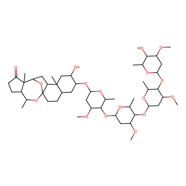 2D Structure of 7-Hydroxy-6-[5-[5-[5-(5-hydroxy-4-methoxy-6-methyloxan-2-yl)oxy-4-methoxy-6-methyloxan-2-yl]oxy-4-methoxy-6-methyloxan-2-yl]oxy-4-methoxy-6-methyloxan-2-yl]oxy-9,13,18-trimethyl-19,20-dioxapentacyclo[10.7.1.01,10.04,9.013,17]icosan-14-one