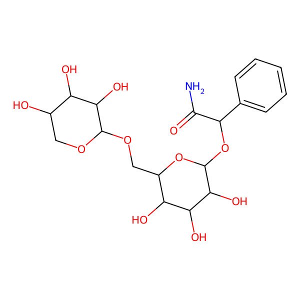 2D Structure of (2R)-2-phenyl-2-[(2S,3R,4S,5S,6R)-3,4,5-trihydroxy-6-[[(2S,3R,4S,5R)-3,4,5-trihydroxyoxan-2-yl]oxymethyl]oxan-2-yl]oxyacetamide