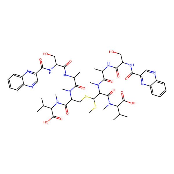 2D Structure of 2-[[3-[3-[(1-Carboxy-2-methylpropyl)-methylamino]-2-[2-[[3-hydroxy-2-(quinoxaline-2-carbonylamino)propanoyl]amino]propanoyl-methylamino]-1-methylsulfanyl-3-oxopropyl]sulfanyl-2-[2-[[3-hydroxy-2-(quinoxaline-2-carbonylamino)propanoyl]amino]propanoyl-methylamino]propanoyl]-methylamino]-3-methylbutanoic acid