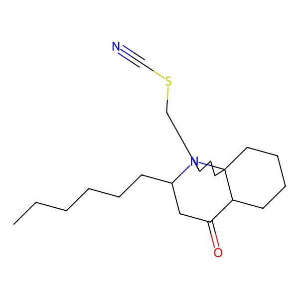 2D Structure of [(3R,5S,7aR,11aR)-5-hexyl-7-oxo-1,2,3,5,6,7a,8,9,10,11-decahydropyrrolo[2,1-j]quinolin-3-yl]methyl thiocyanate