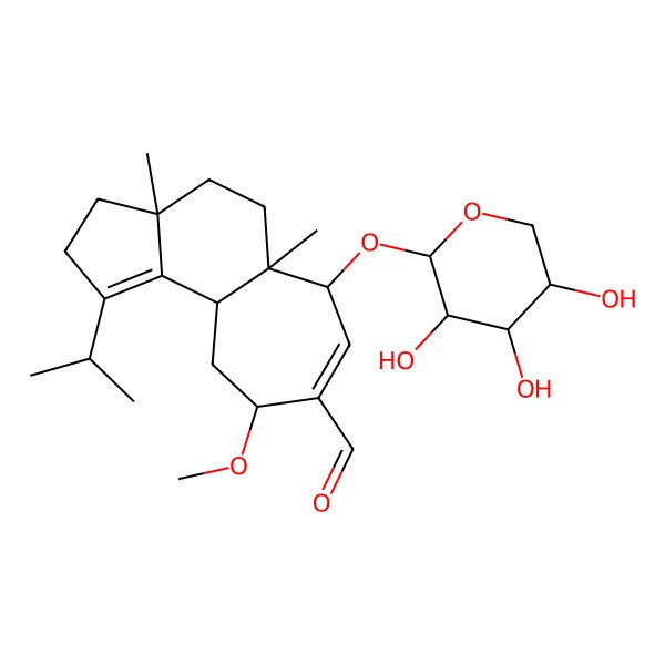 2D Structure of 9-Methoxy-3a,5a-dimethyl-1-propan-2-yl-6-(3,4,5-trihydroxyoxan-2-yl)oxy-2,3,4,5,6,9,10,10a-octahydrocyclohepta[e]indene-8-carbaldehyde