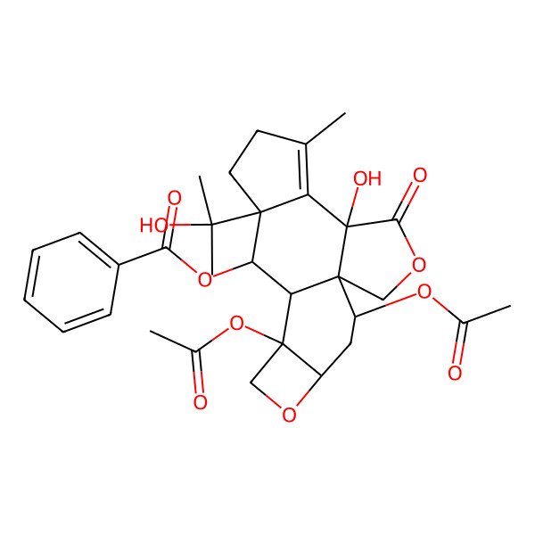 2D Structure of [(1R,5S,10S,11S,12R,13S,16R,18S)-13,18-diacetyloxy-5-hydroxy-10-(2-hydroxypropan-2-yl)-7-methyl-4-oxo-3,15-dioxapentacyclo[10.6.0.01,5.06,10.013,16]octadec-6-en-11-yl] benzoate