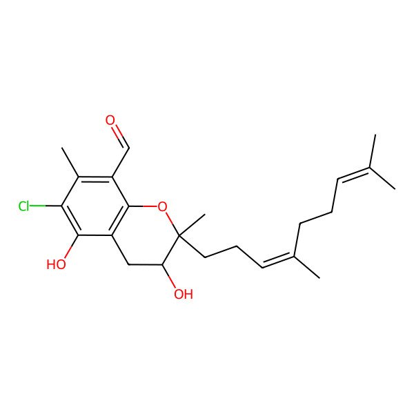 2D Structure of 6-Chloro-2-(4,8-dimethylnona-3,7-dienyl)-3,5-dihydroxy-2,7-dimethyl-3,4-dihydrochromene-8-carbaldehyde