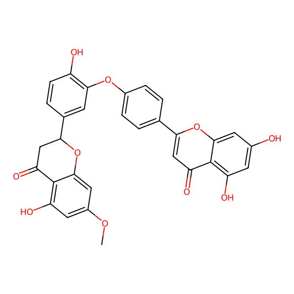 2D Structure of 5,7-dihydroxy-2-[4-[2-hydroxy-5-[(2S)-5-hydroxy-7-methoxy-4-oxo-2,3-dihydrochromen-2-yl]phenoxy]phenyl]chromen-4-one