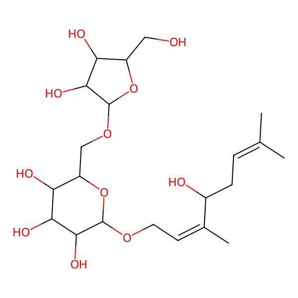 2D Structure of (2R,3R,4S,5R,6R)-2-[[(2R,3S,4R,5R)-3,4-dihydroxy-5-(hydroxymethyl)oxolan-2-yl]oxymethyl]-6-[(2E,4S)-4-hydroxy-3,7-dimethylocta-2,6-dienoxy]oxane-3,4,5-triol