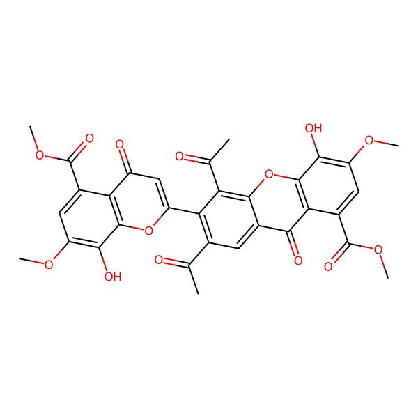 2D Structure of Methyl 5,7-diacetyl-4-hydroxy-6-(8-hydroxy-7-methoxy-5-methoxycarbonyl-4-oxochromen-2-yl)-3-methoxy-9-oxoxanthene-1-carboxylate