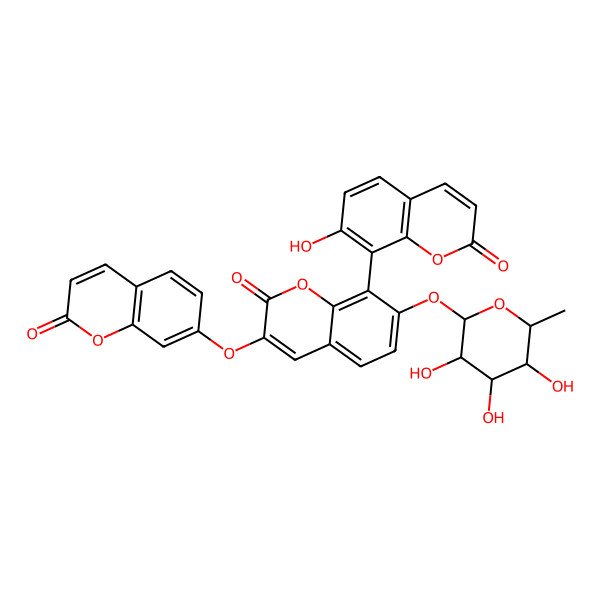 2D Structure of 8-(7-hydroxy-2-oxochromen-8-yl)-3-(2-oxochromen-7-yl)oxy-7-[(2S,3R,4R,5R,6S)-3,4,5-trihydroxy-6-methyloxan-2-yl]oxychromen-2-one
