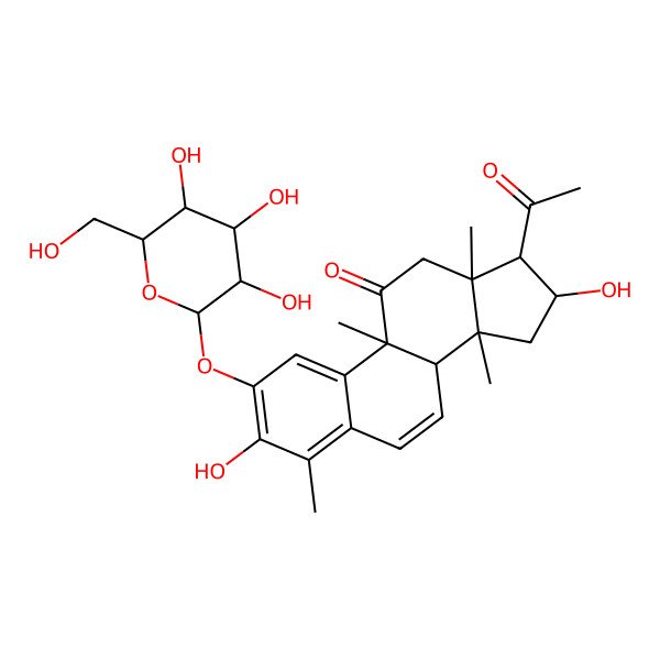 2D Structure of (8S,9R,13R,14S,16R,17R)-17-acetyl-3,16-dihydroxy-4,9,13,14-tetramethyl-2-[(2S,3R,4S,5S,6R)-3,4,5-trihydroxy-6-(hydroxymethyl)oxan-2-yl]oxy-12,15,16,17-tetrahydro-8H-cyclopenta[a]phenanthren-11-one