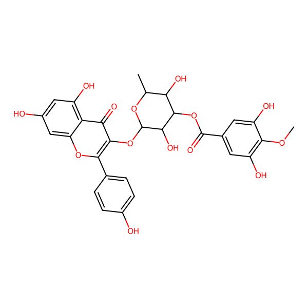 2D Structure of [2-[5,7-Dihydroxy-2-(4-hydroxyphenyl)-4-oxochromen-3-yl]oxy-3,5-dihydroxy-6-methyloxan-4-yl] 3,5-dihydroxy-4-methoxybenzoate