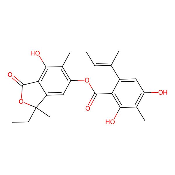 2D Structure of (3-Ethyl-7-hydroxy-3,6-dimethyl-1-oxo-2-benzofuran-5-yl) 6-but-2-en-2-yl-2,4-dihydroxy-3-methylbenzoate