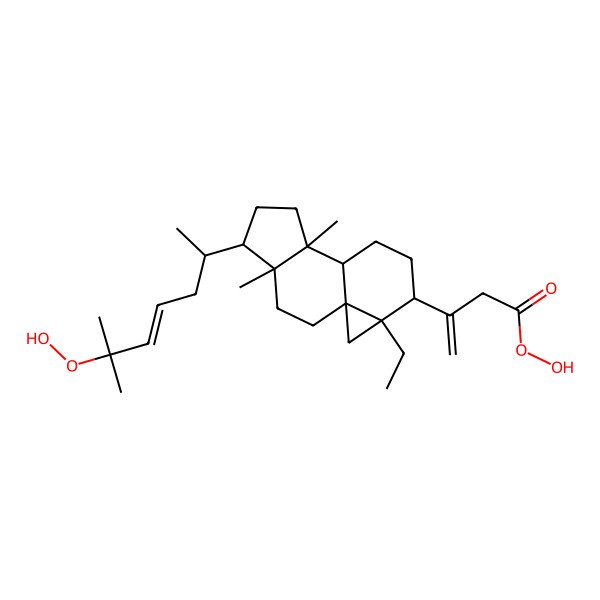 2D Structure of 3-[(1S,4R,5R,8S,9S,12S,13R)-13-ethyl-5-[(E,2R)-6-hydroperoxy-6-methylhept-4-en-2-yl]-4,8-dimethyl-12-tetracyclo[7.5.0.01,13.04,8]tetradecanyl]but-3-eneperoxoic acid