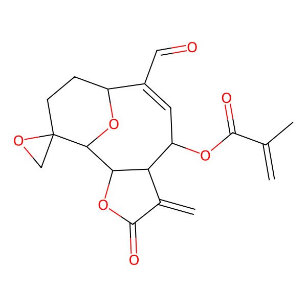 2D Structure of [(1R,2S,6R,7R,8E,10R,13R)-9-formyl-5-methylidene-4-oxospiro[3,14-dioxatricyclo[8.3.1.02,6]tetradec-8-ene-13,2'-oxirane]-7-yl] 2-methylprop-2-enoate