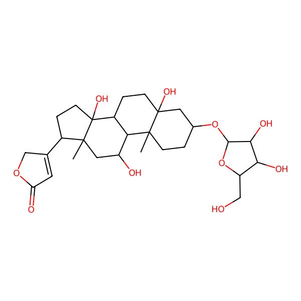 2D Structure of 3-[(3S,5S,8R,9S,10R,11R,13R,14S,17R)-3-[(2R,3R,4S,5R)-3,4-dihydroxy-5-(hydroxymethyl)oxolan-2-yl]oxy-5,11,14-trihydroxy-10,13-dimethyl-2,3,4,6,7,8,9,11,12,15,16,17-dodecahydro-1H-cyclopenta[a]phenanthren-17-yl]-2H-furan-5-one