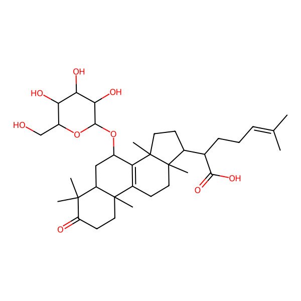 2D Structure of (2R)-6-methyl-2-[(5R,7R,10S,13R,14R,17R)-4,4,10,13,14-pentamethyl-3-oxo-7-[(2R,3R,4S,5S,6R)-3,4,5-trihydroxy-6-(hydroxymethyl)oxan-2-yl]oxy-1,2,5,6,7,11,12,15,16,17-decahydrocyclopenta[a]phenanthren-17-yl]hept-5-enoic acid