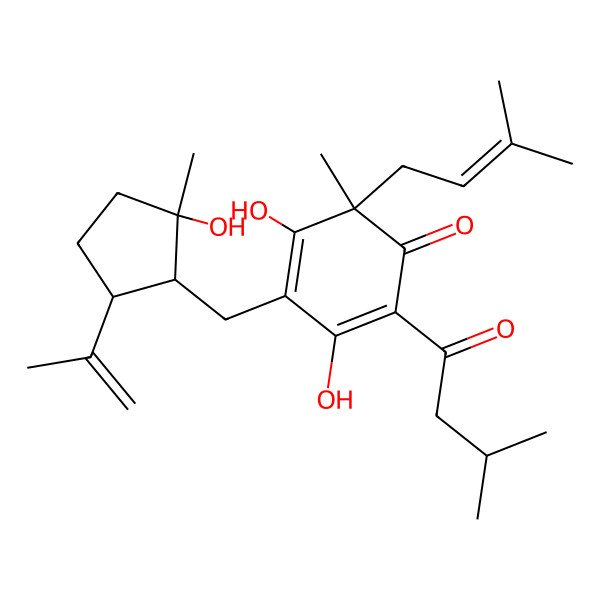 2D Structure of 3,5-Dihydroxy-4-[(2-hydroxy-2-methyl-5-prop-1-en-2-ylcyclopentyl)methyl]-6-methyl-2-(3-methylbutanoyl)-6-(3-methylbut-2-enyl)cyclohexa-2,4-dien-1-one