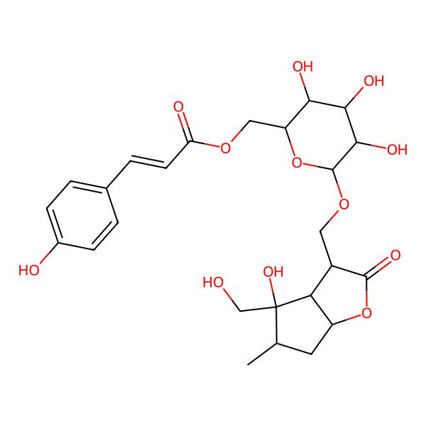 2D Structure of [(2R,3S,4S,5R,6R)-6-[[(3R,3aS,4S,5S,6aS)-4-hydroxy-4-(hydroxymethyl)-5-methyl-2-oxo-3a,5,6,6a-tetrahydro-3H-cyclopenta[b]furan-3-yl]methoxy]-3,4,5-trihydroxyoxan-2-yl]methyl (E)-3-(4-hydroxyphenyl)prop-2-enoate