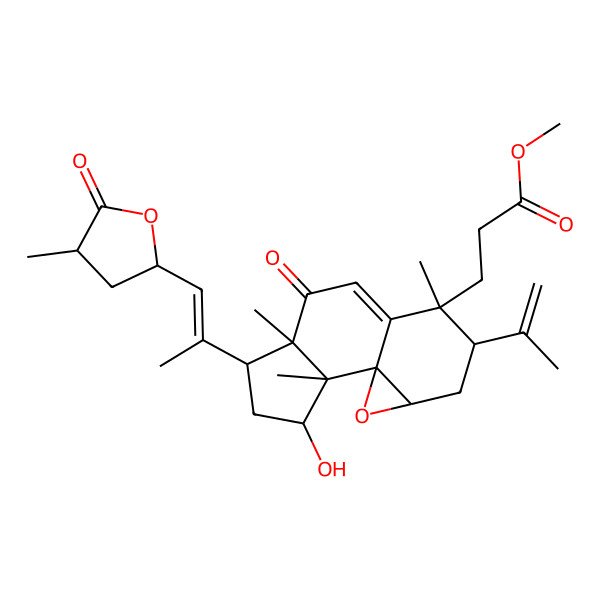 2D Structure of Methyl 3-[3-hydroxy-2,6,10-trimethyl-5-[1-(4-methyl-5-oxooxolan-2-yl)prop-1-en-2-yl]-7-oxo-11-prop-1-en-2-yl-14-oxatetracyclo[7.5.0.01,13.02,6]tetradec-8-en-10-yl]propanoate