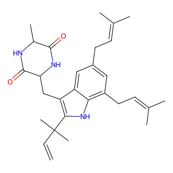 2D Structure of 3-methyl-6-[[2-(2-methylbut-3-en-2-yl)-5,7-bis(3-methylbut-2-enyl)-1H-indol-3-yl]methyl]piperazine-2,5-dione