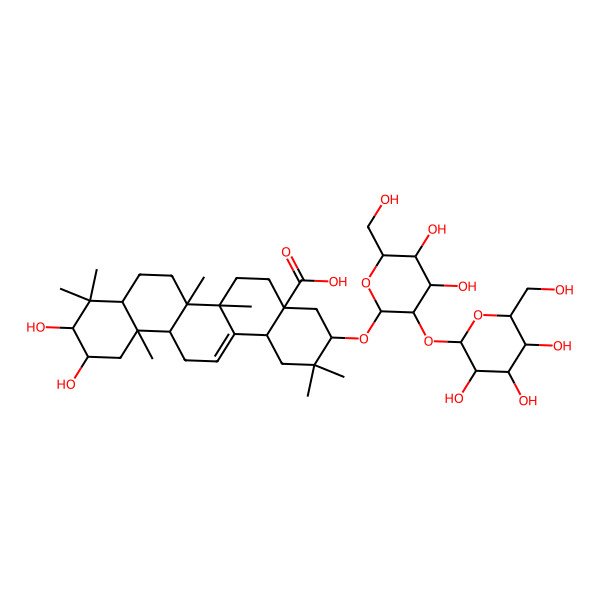 2D Structure of 3-[4,5-Dihydroxy-6-(hydroxymethyl)-3-[3,4,5-trihydroxy-6-(hydroxymethyl)oxan-2-yl]oxyoxan-2-yl]oxy-10,11-dihydroxy-2,2,6a,6b,9,9,12a-heptamethyl-1,3,4,5,6,6a,7,8,8a,10,11,12,13,14b-tetradecahydropicene-4a-carboxylic acid