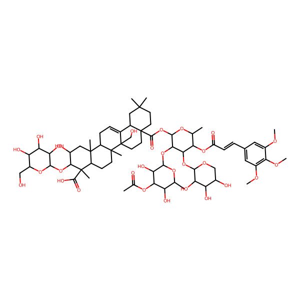 2D Structure of (2S,3R,4S,4aR,6aR,6bR,8aS,12aS,14aR,14bR)-8a-[(2S,3R,4S,5S,6R)-3-[(2S,3R,4R,5S,6S)-4-acetyloxy-3,5-dihydroxy-6-methyloxan-2-yl]oxy-6-methyl-4-[(2S,3R,4S,5R)-3,4,5-trihydroxyoxan-2-yl]oxy-5-[(E)-3-(3,4,5-trimethoxyphenyl)prop-2-enoyl]oxyoxan-2-yl]oxycarbonyl-2-hydroxy-6b-(hydroxymethyl)-4,6a,11,11,14b-pentamethyl-3-[(2R,3R,4S,5S,6R)-3,4,5-trihydroxy-6-(hydroxymethyl)oxan-2-yl]oxy-1,2,3,4a,5,6,7,8,9,10,12,12a,14,14a-tetradecahydropicene-4-carboxylic acid