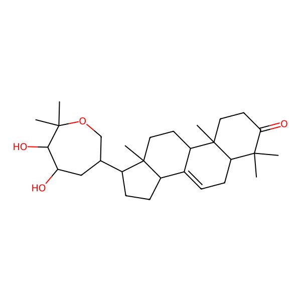 2D Structure of 17-(5,6-dihydroxy-7,7-dimethyloxepan-3-yl)-4,4,10,13-tetramethyl-2,5,6,9,11,12,14,15,16,17-decahydro-1H-cyclopenta[a]phenanthren-3-one