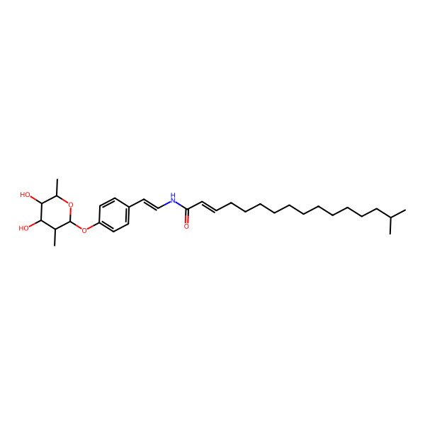 2D Structure of (Z)-N-[(Z)-2-[4-[(3R)-4,5-dihydroxy-3,6-dimethyloxan-2-yl]oxyphenyl]ethenyl]-15-methylhexadec-2-enamide