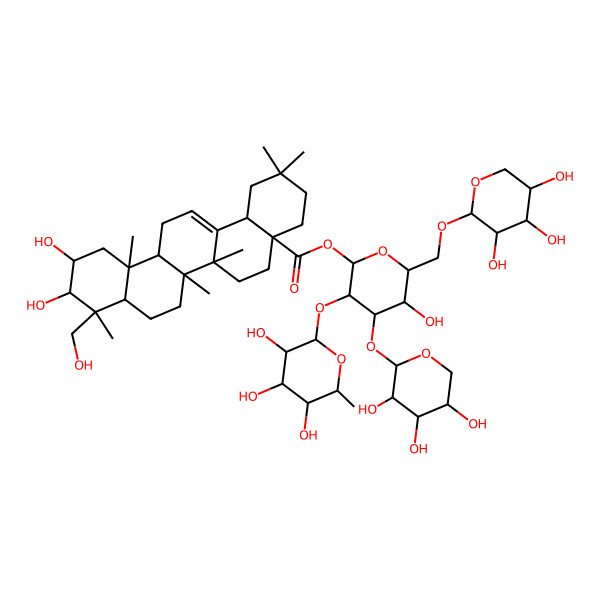2D Structure of [(2S,3R,4S,5R,6R)-5-hydroxy-3-[(2S,3R,4R,5R,6S)-3,4,5-trihydroxy-6-methyloxan-2-yl]oxy-4-[(2S,3R,4S,5R)-3,4,5-trihydroxyoxan-2-yl]oxy-6-[[(2R,3S,4R,5R)-3,4,5-trihydroxyoxan-2-yl]oxymethyl]oxan-2-yl] (4aS,6aR,6aS,6bR,8aR,9R,10R,11R,12aR,14bS)-10,11-dihydroxy-9-(hydroxymethyl)-2,2,6a,6b,9,12a-hexamethyl-1,3,4,5,6,6a,7,8,8a,10,11,12,13,14b-tetradecahydropicene-4a-carboxylate
