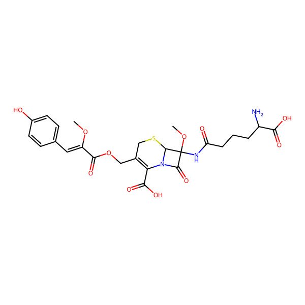 2D Structure of (6R,7S)-7-[[(5R)-5-amino-5-carboxypentanoyl]amino]-3-[[(Z)-3-(4-hydroxyphenyl)-2-methoxyprop-2-enoyl]oxymethyl]-7-methoxy-8-oxo-5-thia-1-azabicyclo[4.2.0]oct-2-ene-2-carboxylic acid