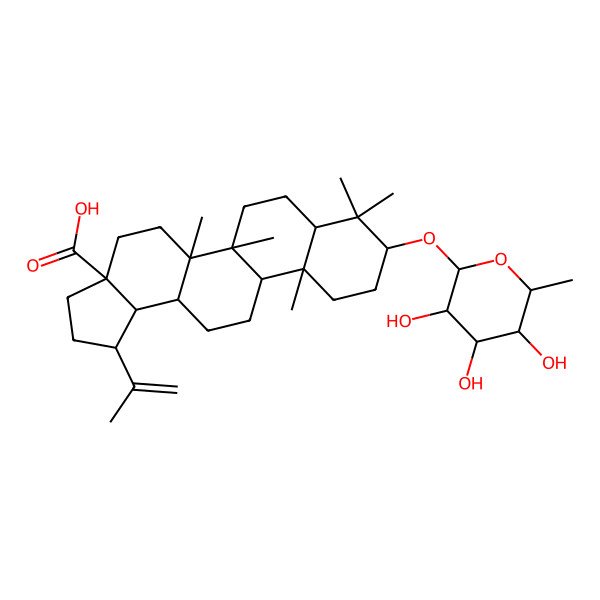 2D Structure of (1R,3aS,5aR,5bR,7aR,9S,11aR,11bR,13aR,13bR)-5a,5b,8,8,11a-pentamethyl-1-prop-1-en-2-yl-9-[(2R,3R,4R,5R,6S)-3,4,5-trihydroxy-6-methyloxan-2-yl]oxy-1,2,3,4,5,6,7,7a,9,10,11,11b,12,13,13a,13b-hexadecahydrocyclopenta[a]chrysene-3a-carboxylic acid