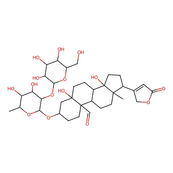 2D Structure of 3-[4,5-dihydroxy-6-methyl-3-[3,4,5-trihydroxy-6-(hydroxymethyl)oxan-2-yl]oxyoxan-2-yl]oxy-5,14-dihydroxy-13-methyl-17-(5-oxo-2H-furan-3-yl)-2,3,4,6,7,8,9,11,12,15,16,17-dodecahydro-1H-cyclopenta[a]phenanthrene-10-carbaldehyde