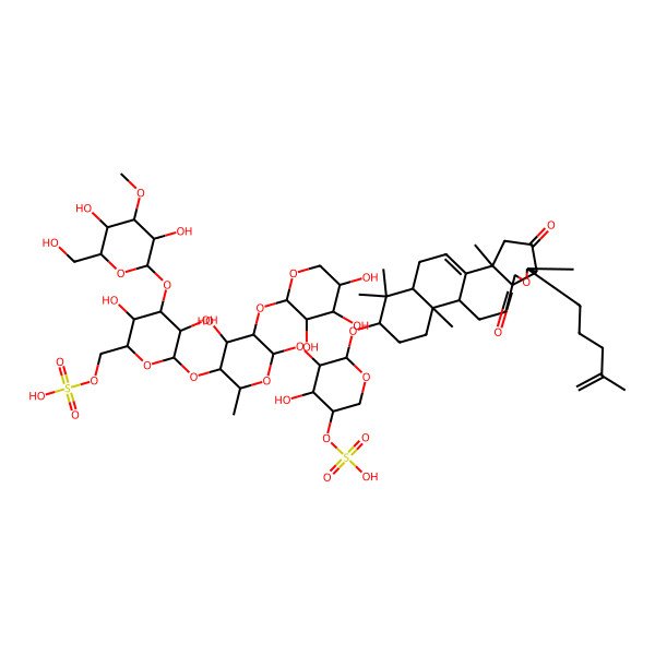 2D Structure of [(2R,3R,4S,5R,6S)-4-[(2S,3R,4S,5R,6R)-3,5-dihydroxy-6-(hydroxymethyl)-4-methoxyoxan-2-yl]oxy-3,5-dihydroxy-6-[(2R,3S,4S,5R,6S)-4-hydroxy-6-[(2S,3R,4R,5R)-4-hydroxy-2-[[(2S,5S,6S,12R,13R,16S,18R)-2,6,13,17,17-pentamethyl-6-(4-methylpent-4-enyl)-4,8-dioxo-7-oxapentacyclo[10.8.0.02,9.05,9.013,18]icos-1(20)-en-16-yl]oxy]-5-sulfooxyoxan-3-yl]oxy-2-methyl-5-[(2S,3R,4S,5R)-3,4,5-trihydroxyoxan-2-yl]oxyoxan-3-yl]oxyoxan-2-yl]methyl hydrogen sulfate