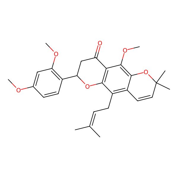 2D Structure of 7-(2,4-Dimethoxyphenyl)-10-methoxy-2,2-dimethyl-5-(3-methylbut-2-enyl)-7,8-dihydropyrano[2,3-g]chromen-9-one