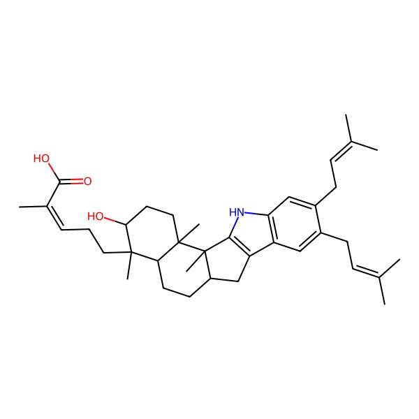 2D Structure of (E)-5-[(1S,12S,15R,16S,17S,20S)-17-hydroxy-1,16,20-trimethyl-6,7-bis(3-methylbut-2-enyl)-3-azapentacyclo[10.8.0.02,10.04,9.015,20]icosa-2(10),4(9),5,7-tetraen-16-yl]-2-methylpent-2-enoic acid
