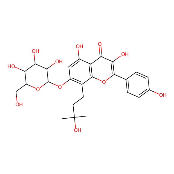 2D Structure of 3,5-Dihydroxy-8-(3-hydroxy-3-methylbutyl)-2-(4-hydroxyphenyl)-7-[3,4,5-trihydroxy-6-(hydroxymethyl)oxan-2-yl]oxychromen-4-one
