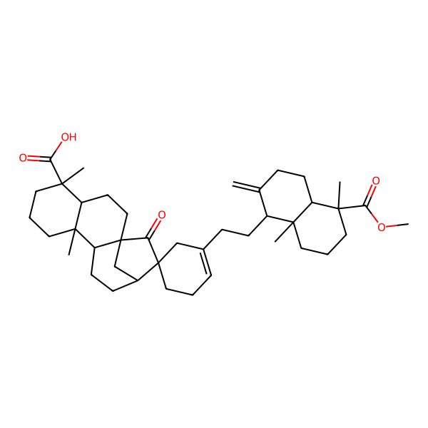 2D Structure of 1-[2-(5-methoxycarbonyl-5,8a-dimethyl-2-methylidene-3,4,4a,6,7,8-hexahydro-1H-naphthalen-1-yl)ethyl]-5',9'-dimethyl-15'-oxospiro[cyclohexene-5,14'-tetracyclo[11.2.1.01,10.04,9]hexadecane]-5'-carboxylic acid