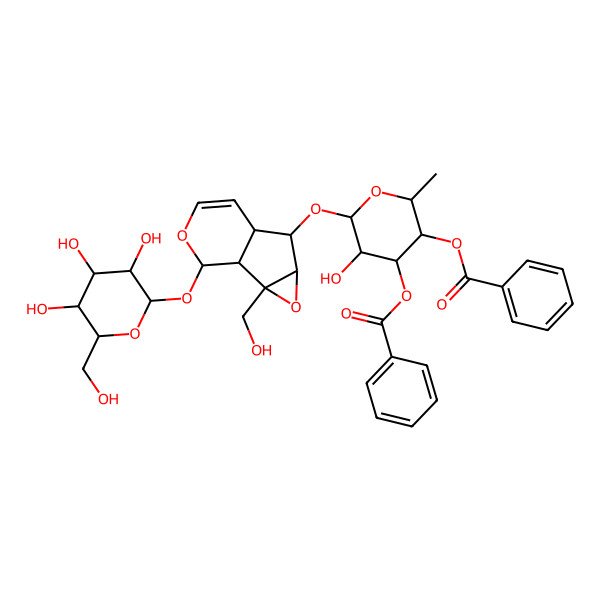 2D Structure of [(2S,3S,4S,5R,6S)-4-benzoyloxy-5-hydroxy-6-[[(1S,2S,4S,5S,6R,10S)-2-(hydroxymethyl)-10-[(2S,3R,4S,5S,6R)-3,4,5-trihydroxy-6-(hydroxymethyl)oxan-2-yl]oxy-3,9-dioxatricyclo[4.4.0.02,4]dec-7-en-5-yl]oxy]-2-methyloxan-3-yl] benzoate