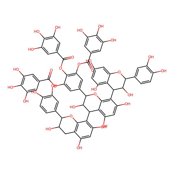 2D Structure of [5-[(2R,3S,4S)-4-[(2S,3R)-2-(3,4-dihydroxyphenyl)-3,5,7-trihydroxy-3,4-dihydro-2H-chromen-8-yl]-8-[(2R,3S,4R)-2-(3,4-dihydroxyphenyl)-3,5,7-trihydroxy-3,4-dihydro-2H-chromen-4-yl]-3,5,7-trihydroxy-3,4-dihydro-2H-chromen-2-yl]-2,3-bis[(3,4,5-trihydroxybenzoyl)oxy]phenyl] 3,4,5-trihydroxybenzoate