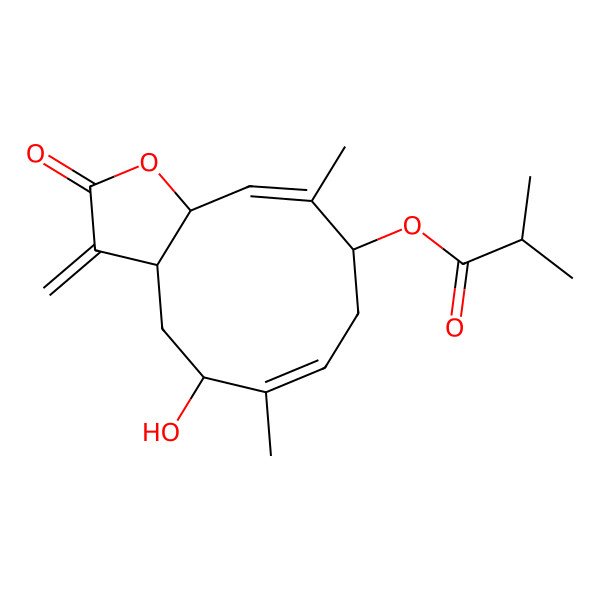 2D Structure of [(3aS,5S,6E,9S,10E,11aR)-5-hydroxy-6,10-dimethyl-3-methylidene-2-oxo-3a,4,5,8,9,11a-hexahydrocyclodeca[b]furan-9-yl] 2-methylpropanoate