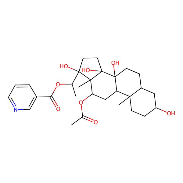 2D Structure of [(1S)-1-[(3S,5S,8S,9R,10S,12R,13R,14R,17S)-12-acetyloxy-3,8,14,17-tetrahydroxy-10,13-dimethyl-1,2,3,4,5,6,7,9,11,12,15,16-dodecahydrocyclopenta[a]phenanthren-17-yl]ethyl] pyridine-3-carboxylate