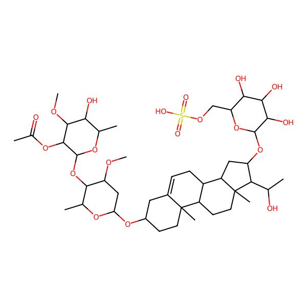 2D Structure of [(2S,3R,4S,5S,6R)-5-hydroxy-2-[(2R,3R,4S,6R)-6-[[(3S,8S,9S,10R,13S,14S,16R,17S)-17-[(1S)-1-hydroxyethyl]-10,13-dimethyl-16-[(2R,3R,4S,5S,6R)-3,4,5-trihydroxy-6-(sulfooxymethyl)oxan-2-yl]oxy-2,3,4,7,8,9,11,12,14,15,16,17-dodecahydro-1H-cyclopenta[a]phenanthren-3-yl]oxy]-4-methoxy-2-methyloxan-3-yl]oxy-4-methoxy-6-methyloxan-3-yl] acetate